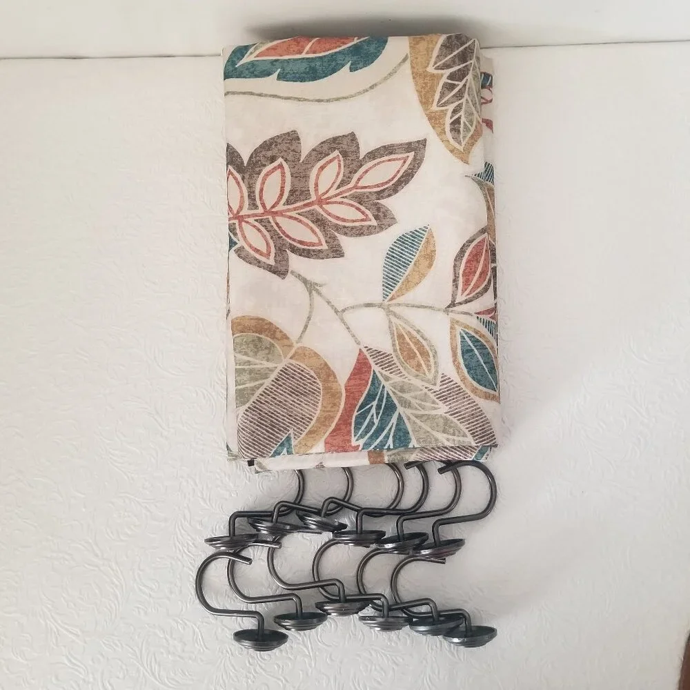 Vtg Excell Fabric Fall Floral Leaf Nature Shower Curtain Cream Brown Teal Rust